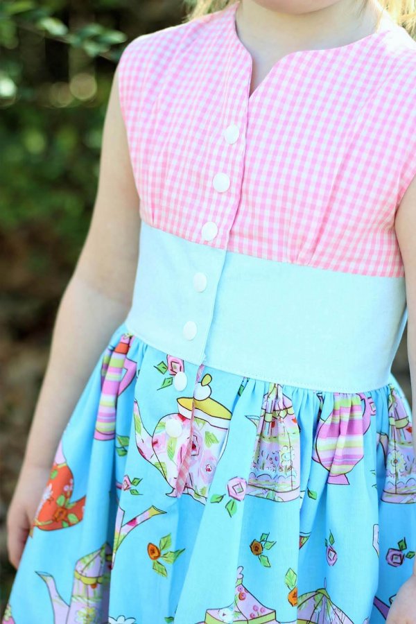 Opal Vintage Dress Pink Gingham Top, Blue Waist, Fun Print Skirt Top Detail