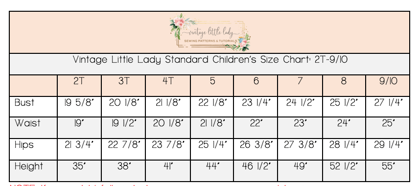 Vintage Little Lady children's size chart from 2T through 10